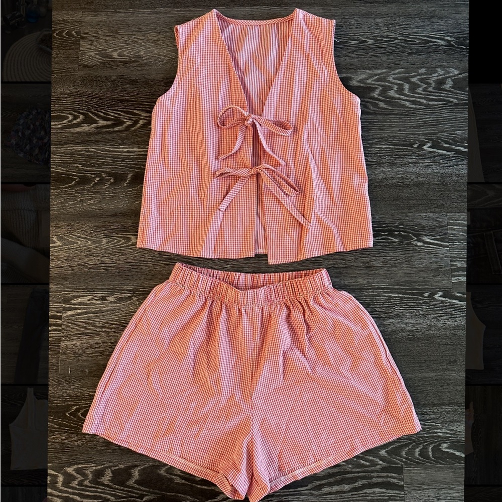 Red Gingham Sleeveless Top and Shorts Set